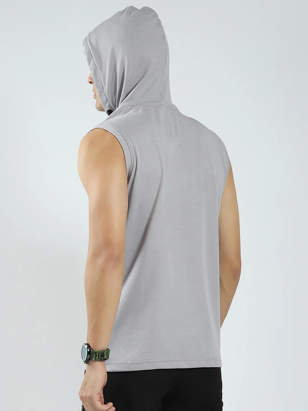 Rock.it Men Grey Solid Hooded Sleeveless T-Shirt - Image 5
