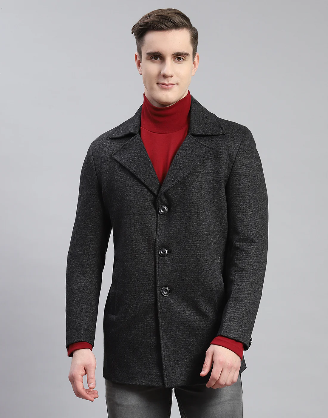 Men Grey Solid Lapel Collar Full Sleeve Coat - Image 2