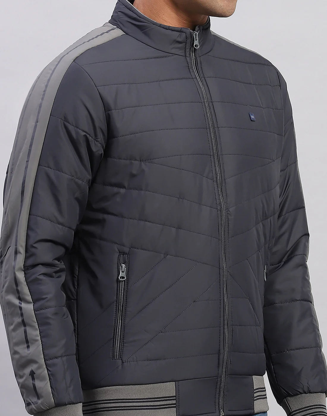 Men Grey Solid Mock Neck Full Sleeve Jacket - Image 6