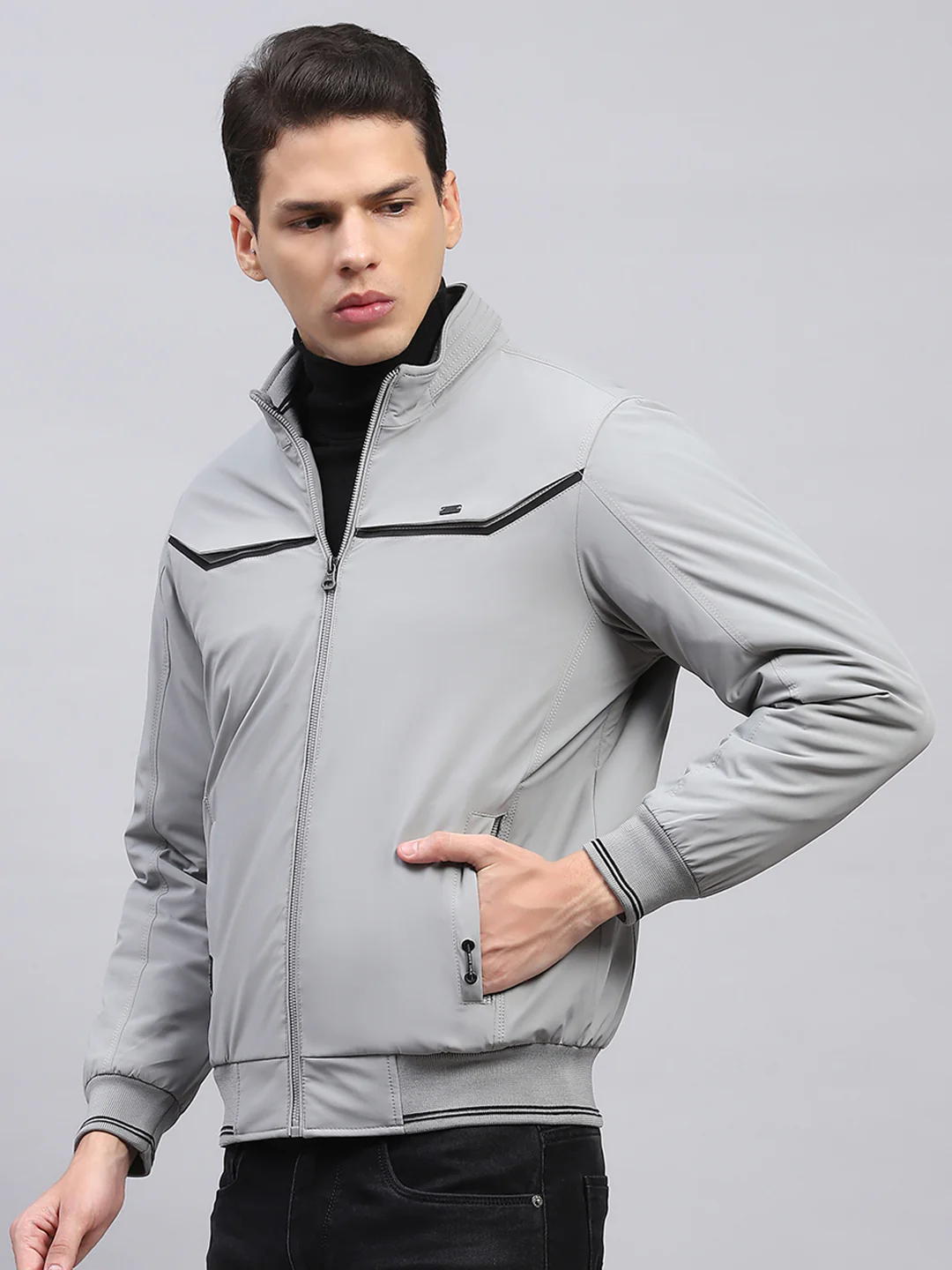 Men Grey Solid Mock Neck Full Sleeve Jacket - Image 3