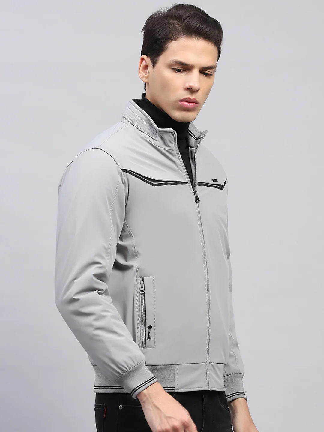 Men Grey Solid Mock Neck Full Sleeve Jacket - Image 4