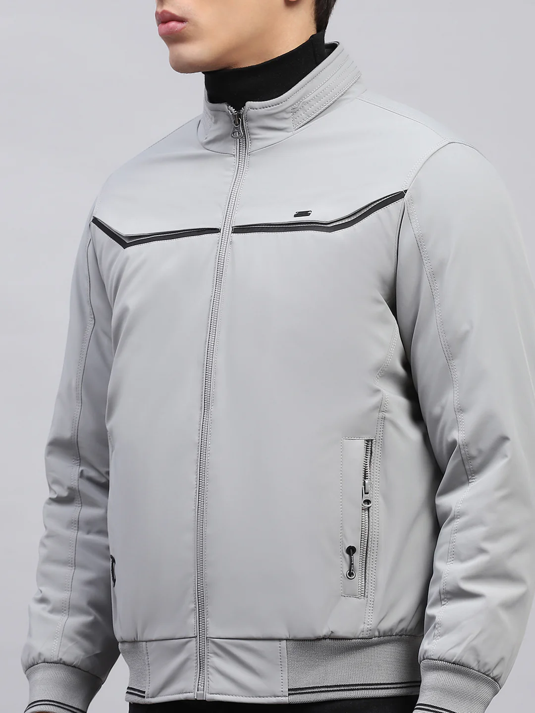 Men Grey Solid Mock Neck Full Sleeve Jacket - Image 6