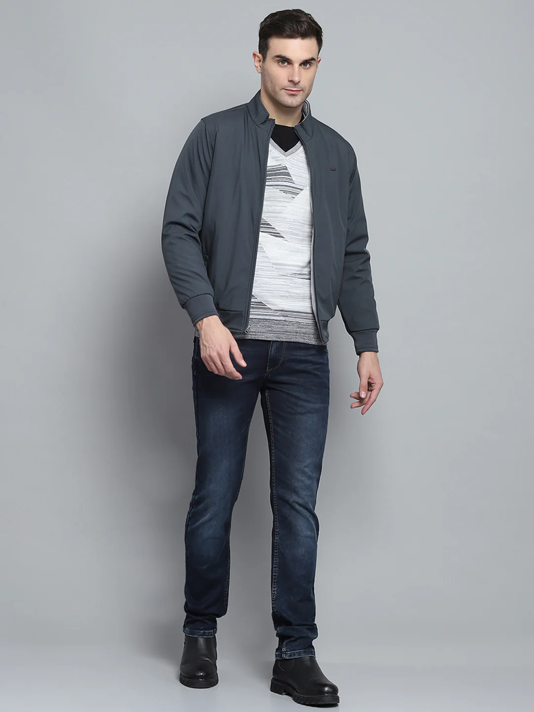 Men Grey Solid Mock Neck Full Sleeve Jacket - Image 6
