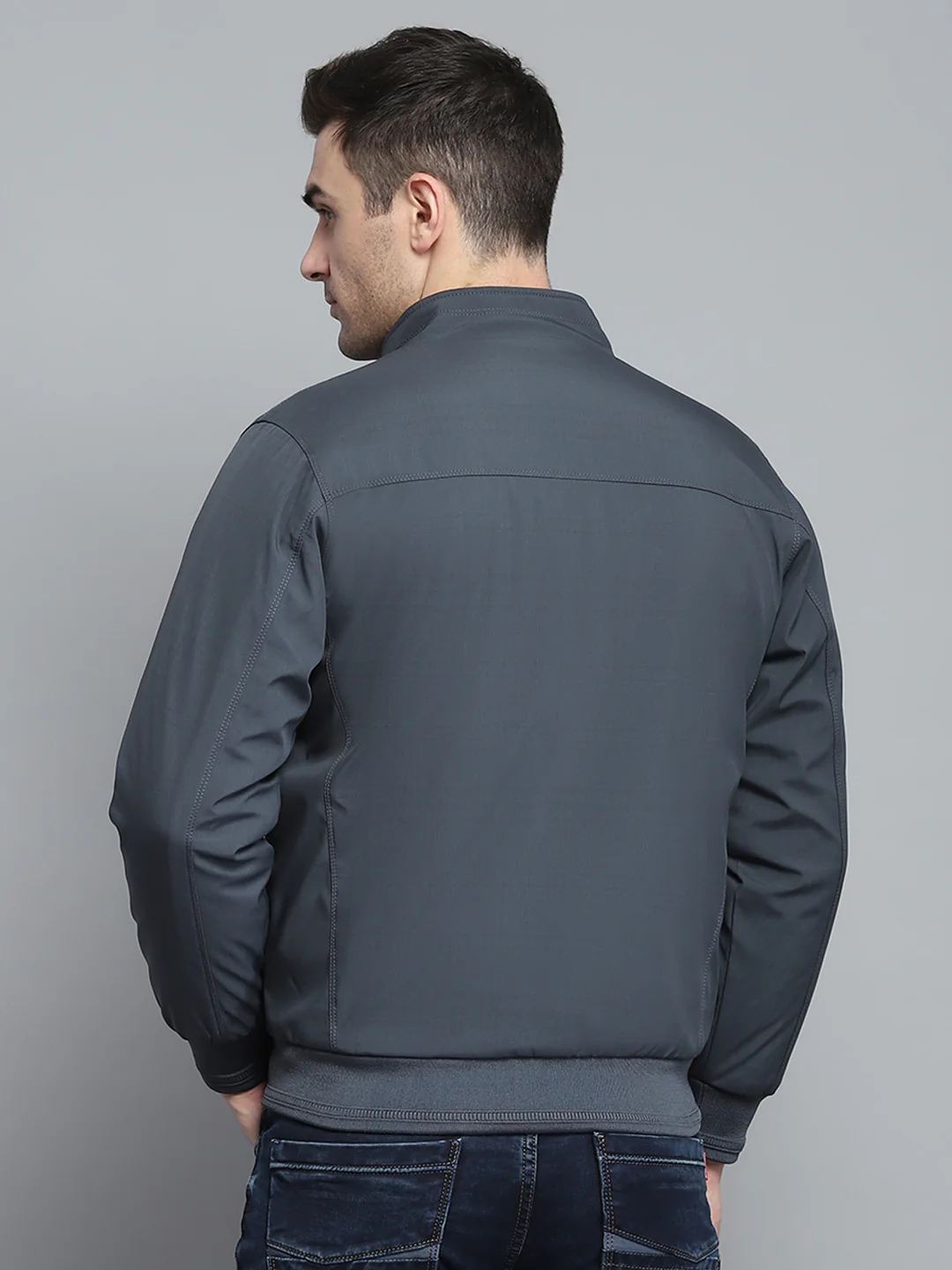 Men Grey Solid Mock Neck Full Sleeve Jacket - Image 8