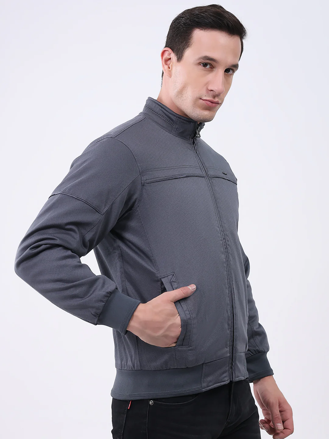 Men Grey Solid Mock Neck Full Sleeve Jacket - Image 4