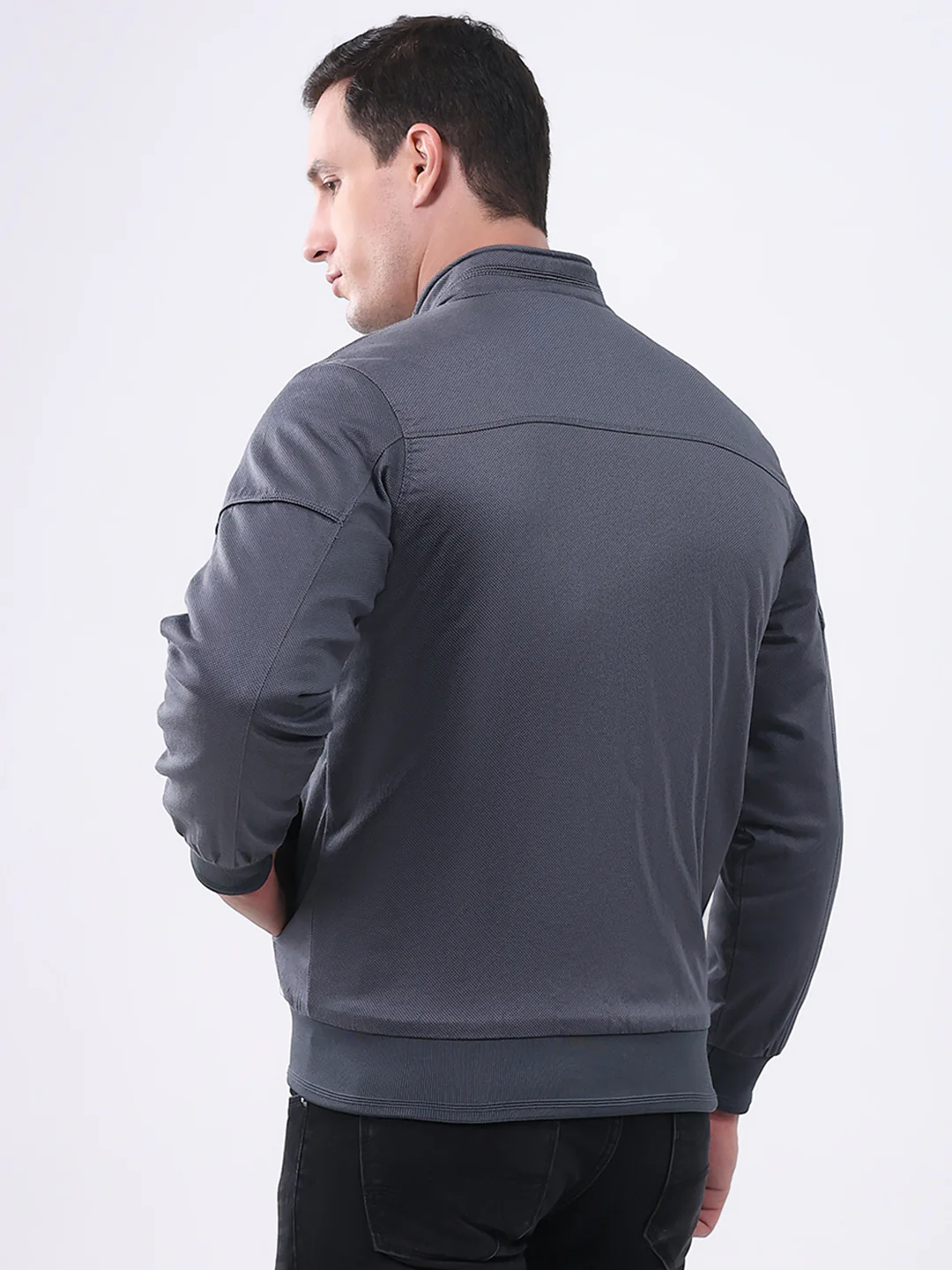 Men Grey Solid Mock Neck Full Sleeve Jacket - Image 5
