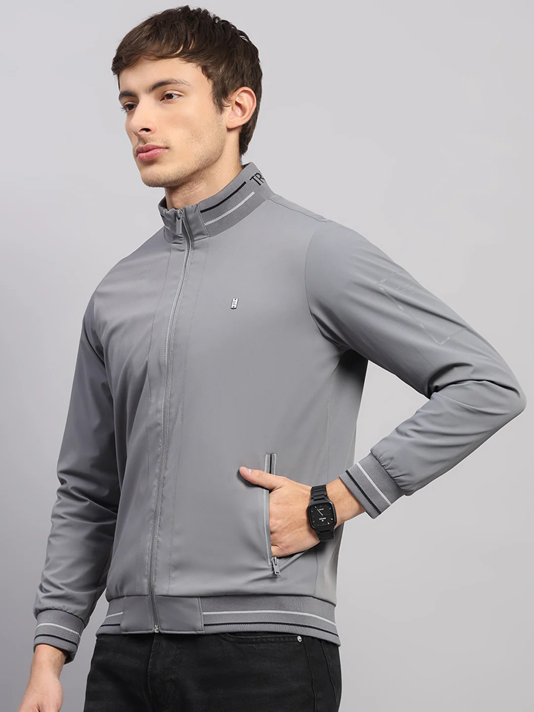 Luxuria Men Grey Solid Mock Neck Full Sleeve Jacket - Image 3