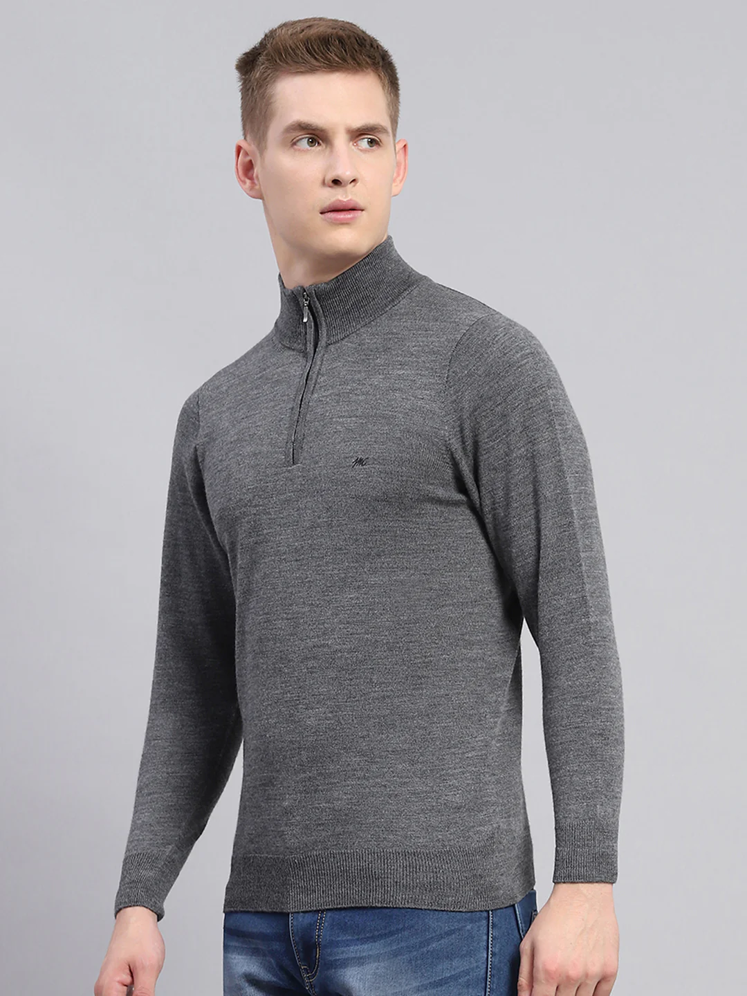 Men Grey Solid Mock Neck Full Sleeve Pullover - Image 3