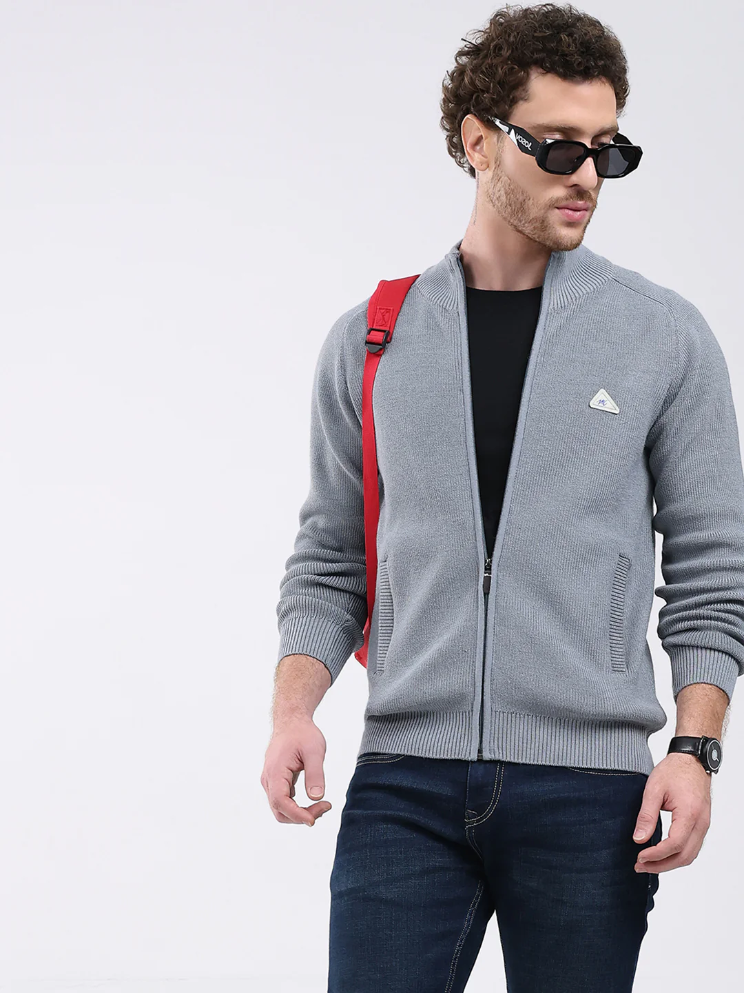 Men Grey Solid Mock Neck Full Sleeve Pullover - Image 6