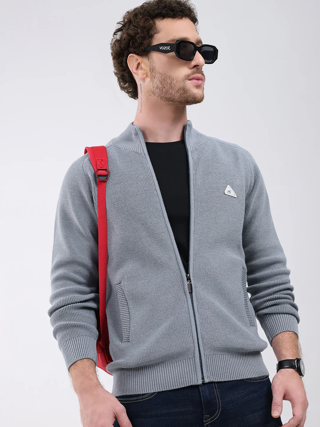 Men Grey Solid Mock Neck Full Sleeve Pullover - Image 7