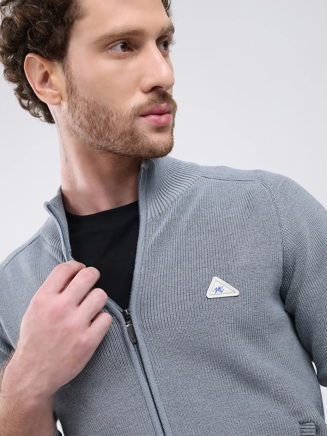 Men Grey Solid Mock Neck Full Sleeve Pullover - Image 8