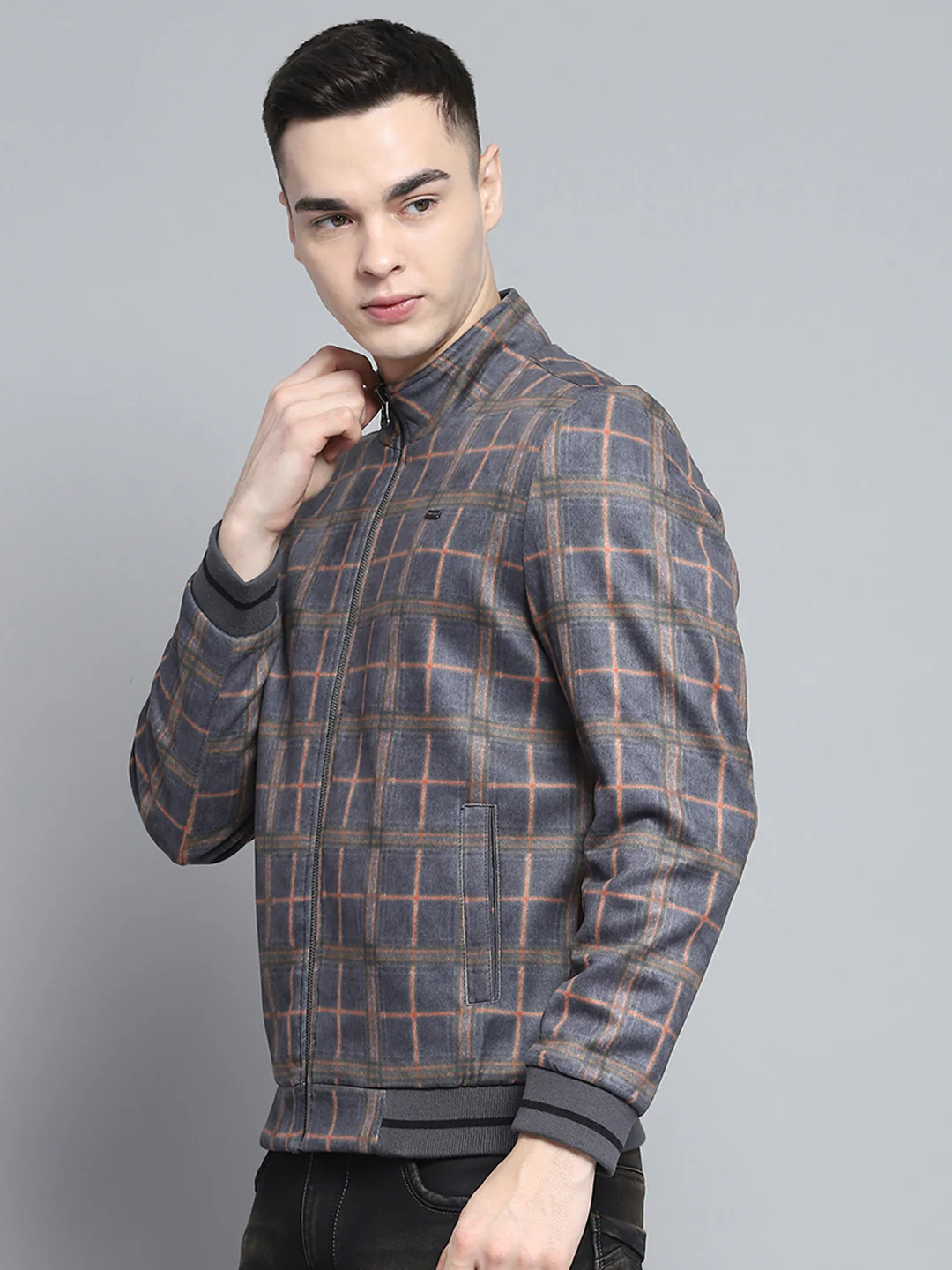 Men Grey Solid Mock Neck Full Sleeve Reversible Jacket - Image 3