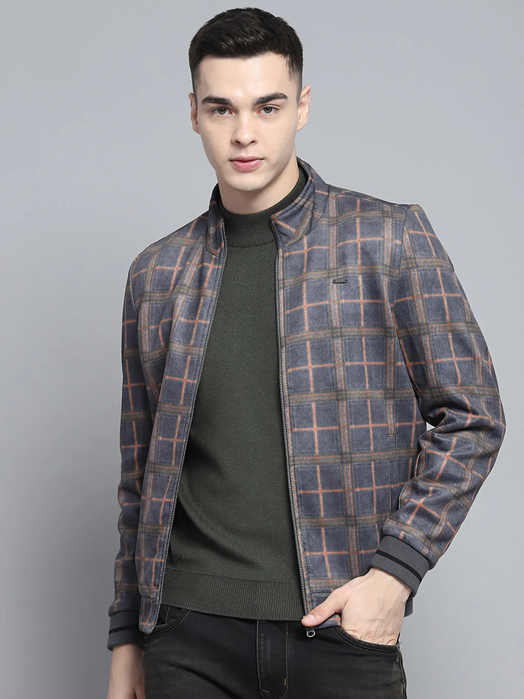 Men Grey Solid Mock Neck Full Sleeve Reversible Jacket - Image 6