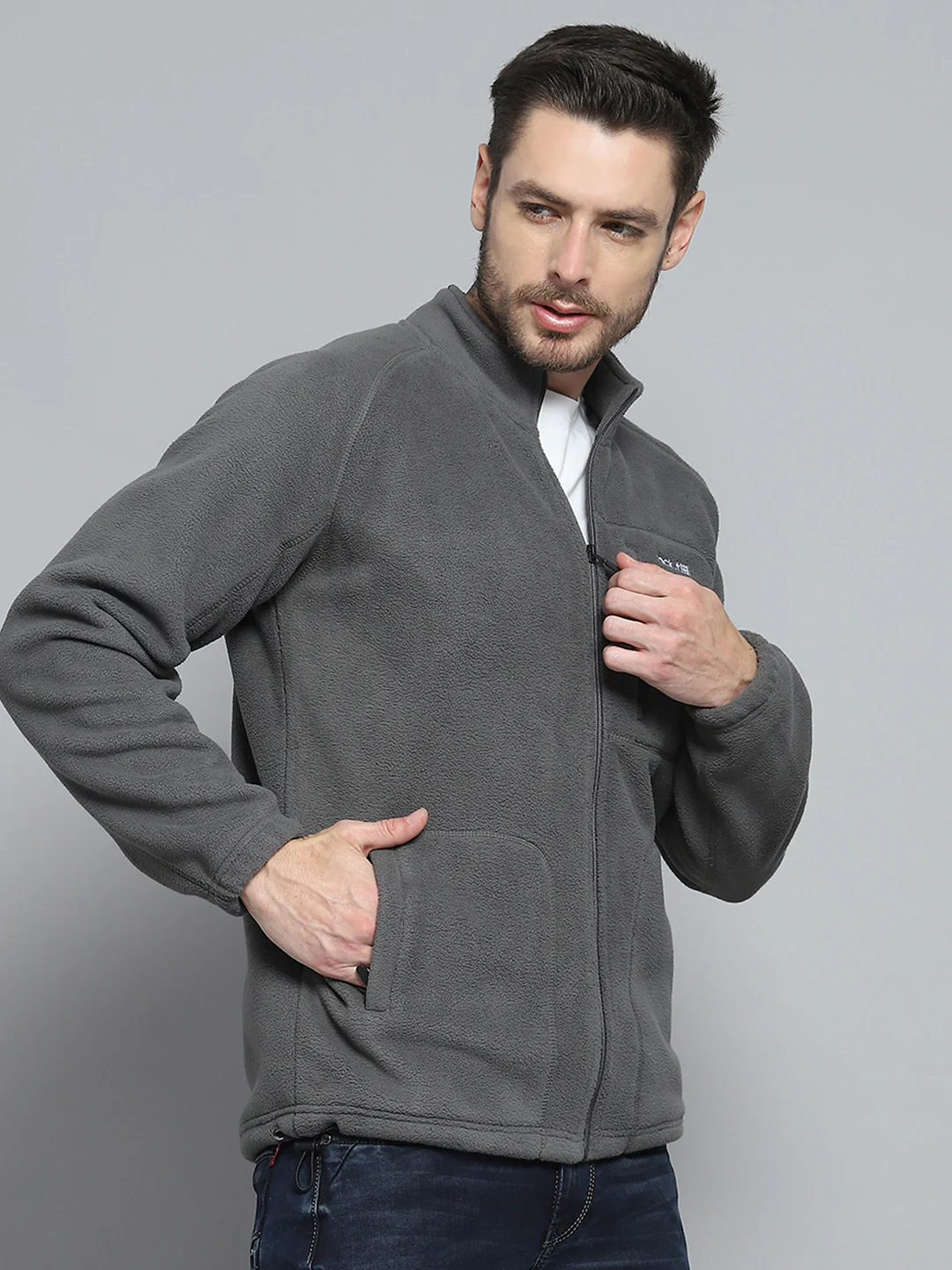 Rock.it Men Grey Solid Mock Neck Full Sleeve Sweatshirt - Image 4