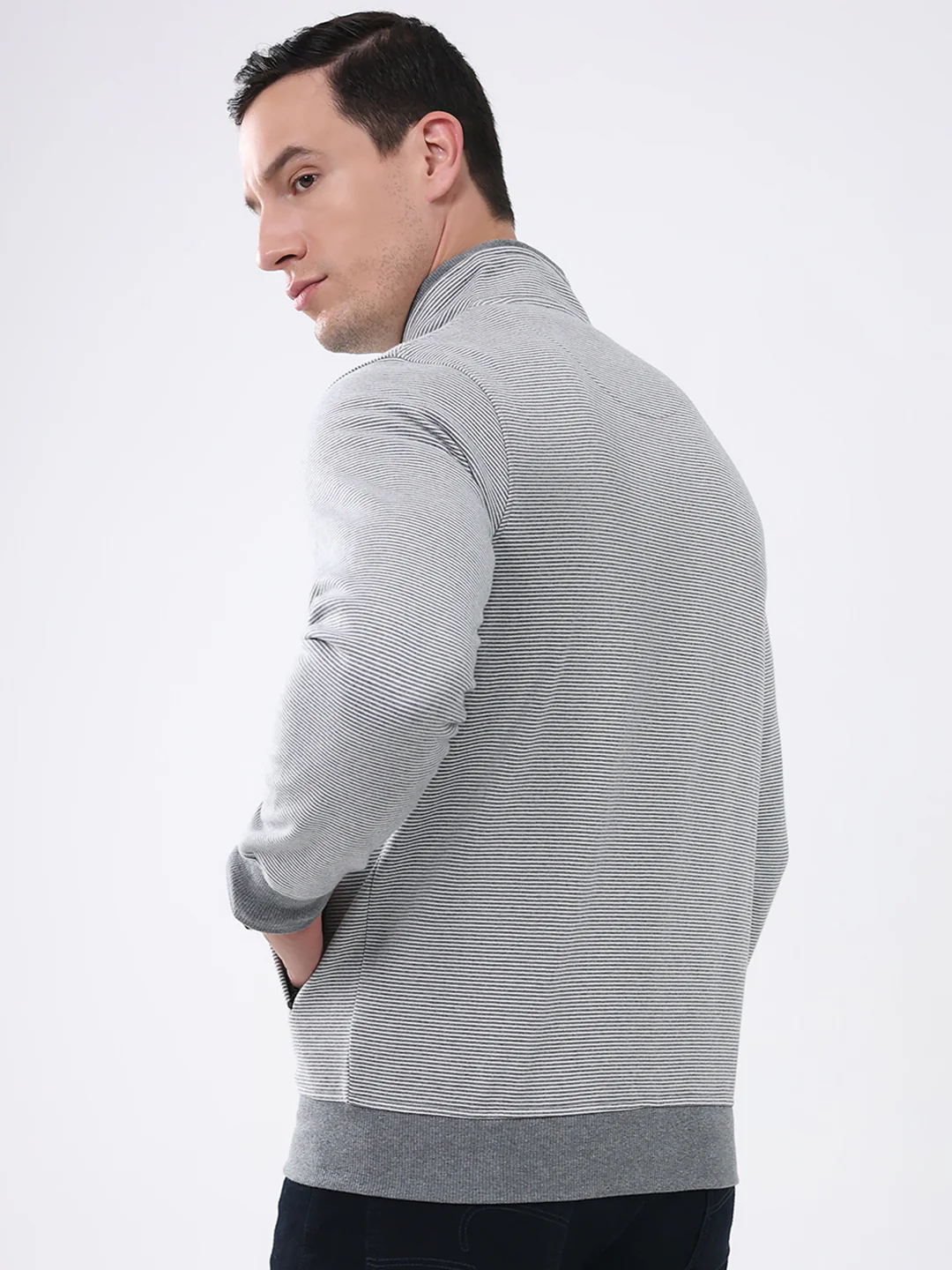 Men Grey Solid Mock Neck Full Sleeve Sweatshirt - Image 5
