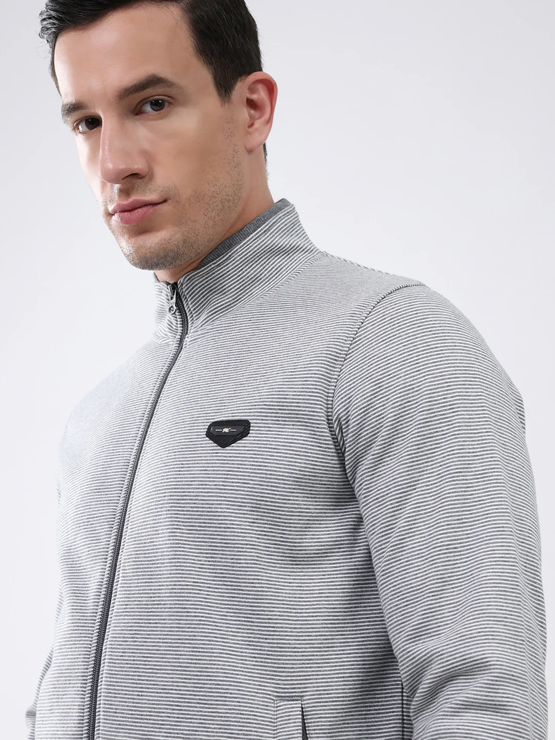 Men Grey Solid Mock Neck Full Sleeve Sweatshirt - Image 7