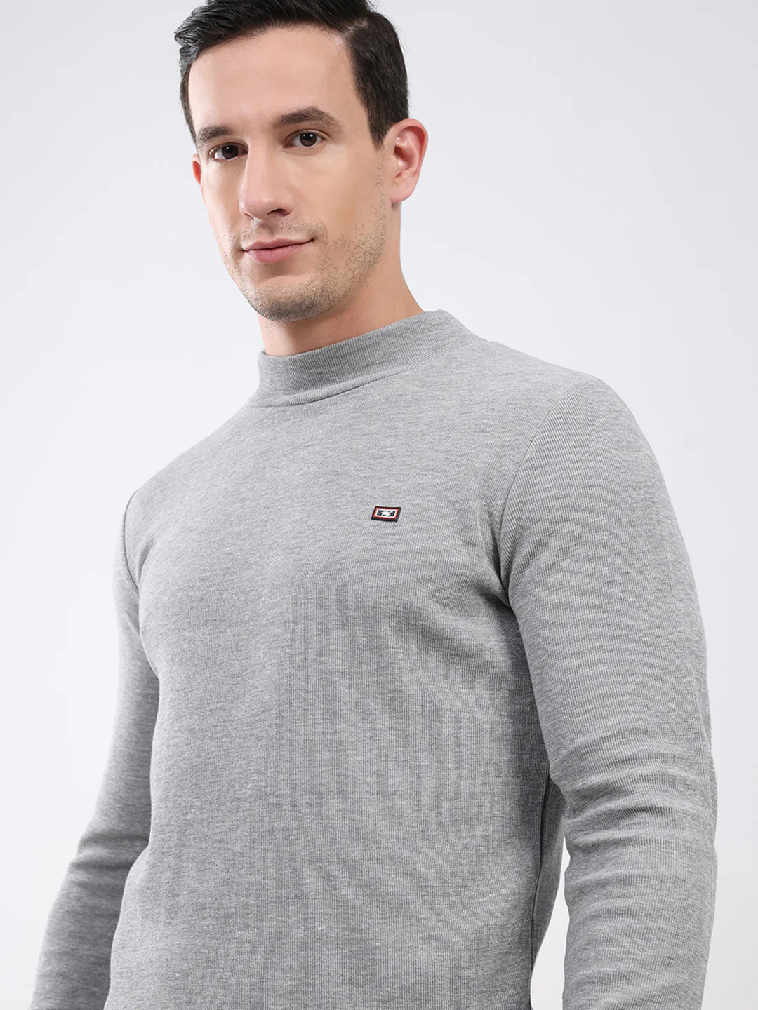 Men Grey Solid Mock Neck Full Sleeve Winter T-Shirt - Image 6