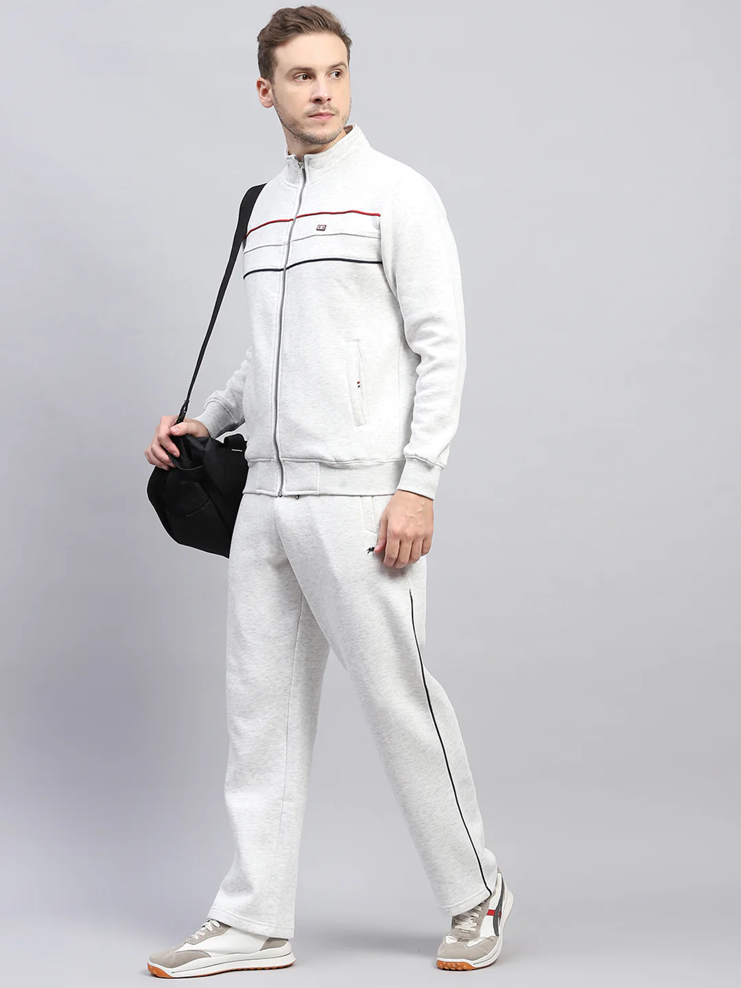 Men Grey Solid Mock Neck Full Sleeve Winter Tracksuit - Image 2