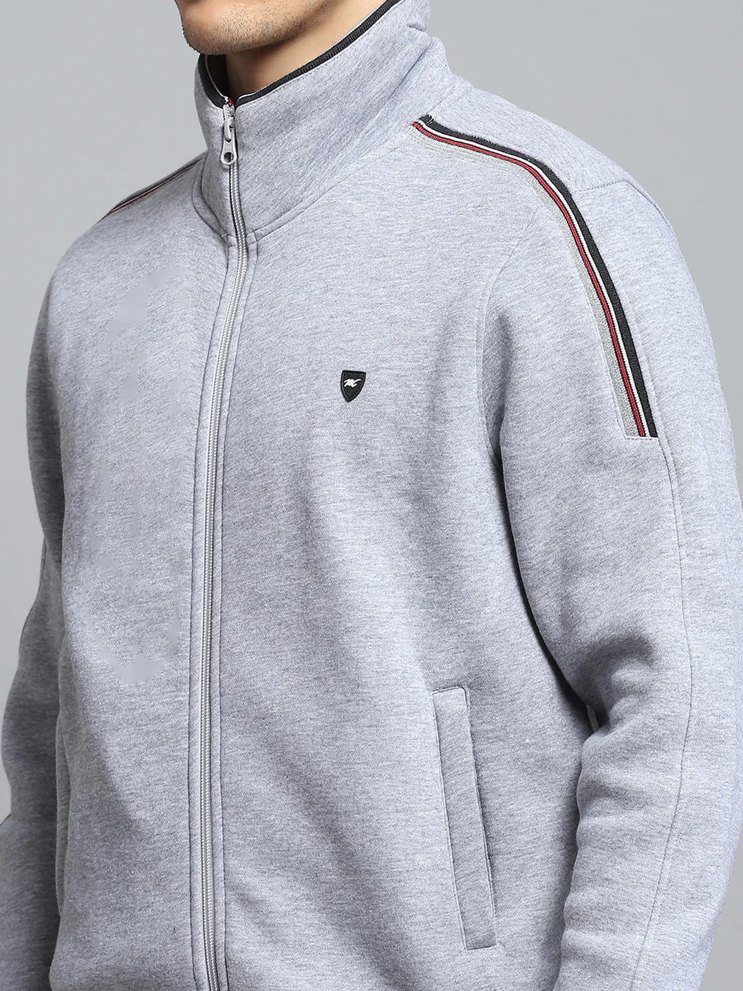 Men Grey Solid Mock Neck Full Sleeve Winter Tracksuit - Image 6