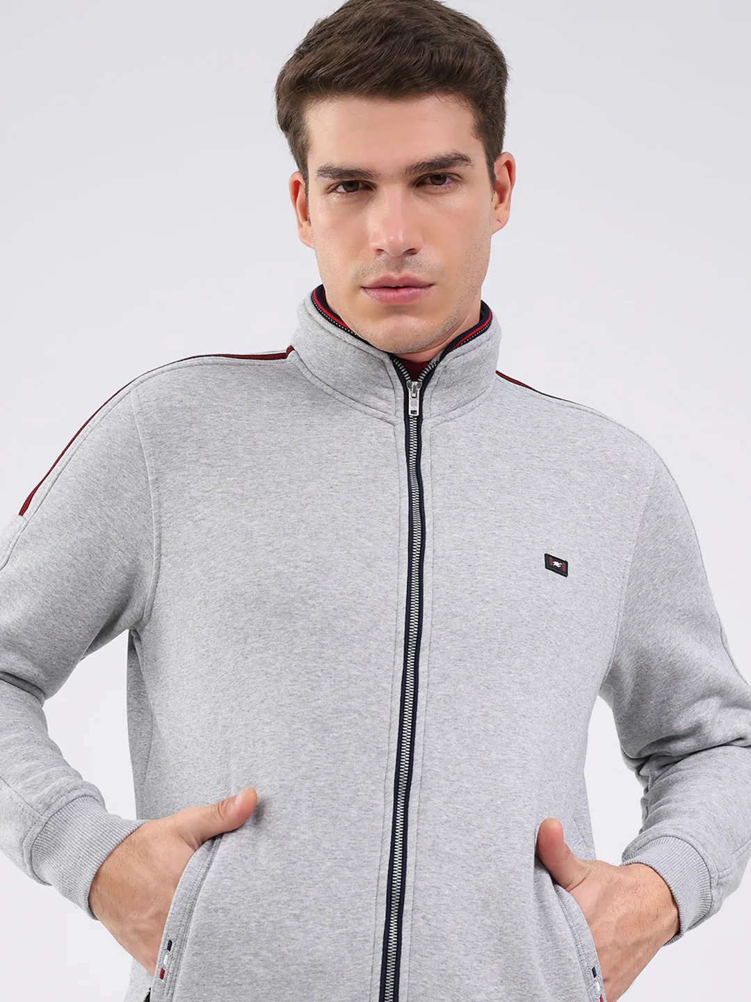 Men Grey Solid Mock Neck Full Sleeve Winter Tracksuit - Image 6