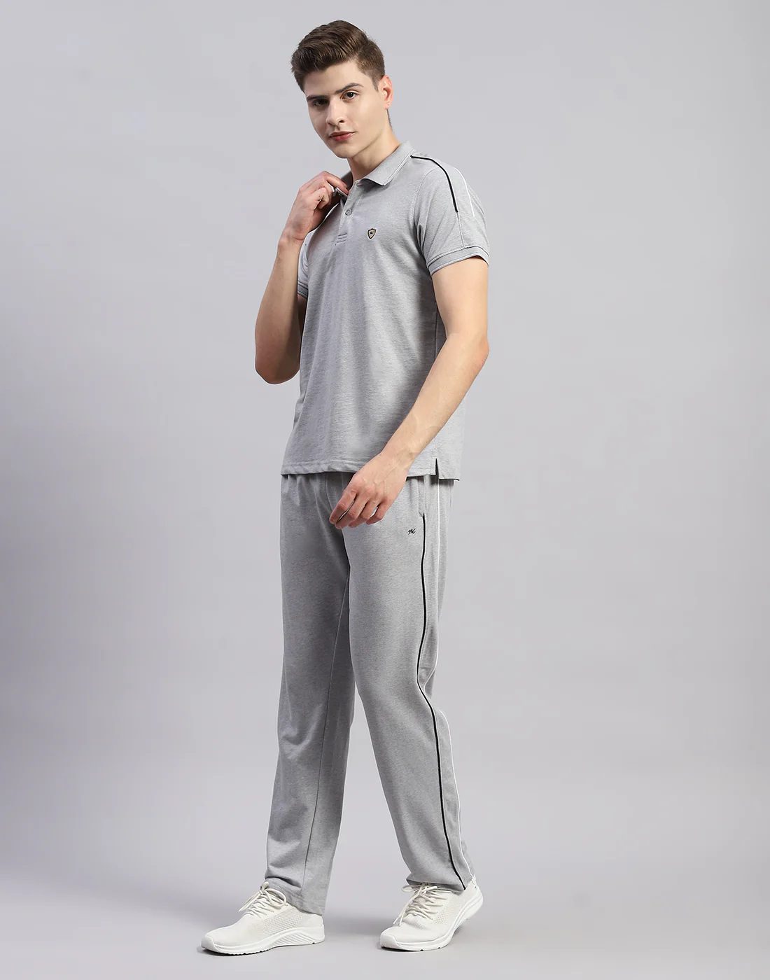 Men Grey Solid Polo Collar Half Sleeve Lower Set - Image 3