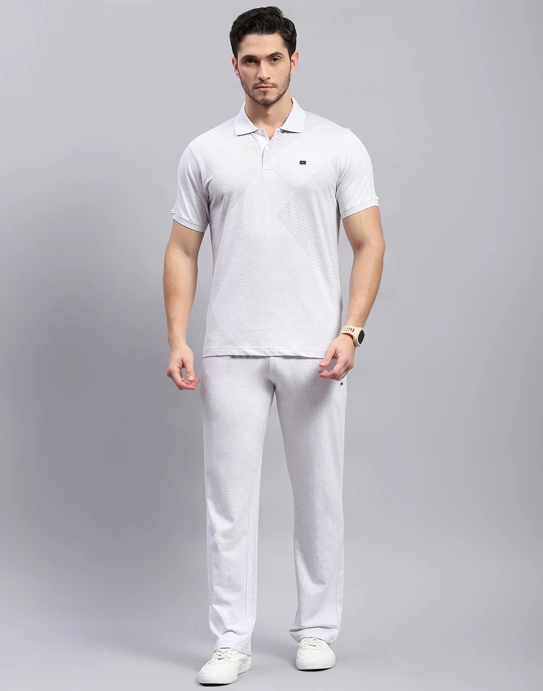 Men Grey Solid Polo Collar Half Sleeve Lower Set - Image 2