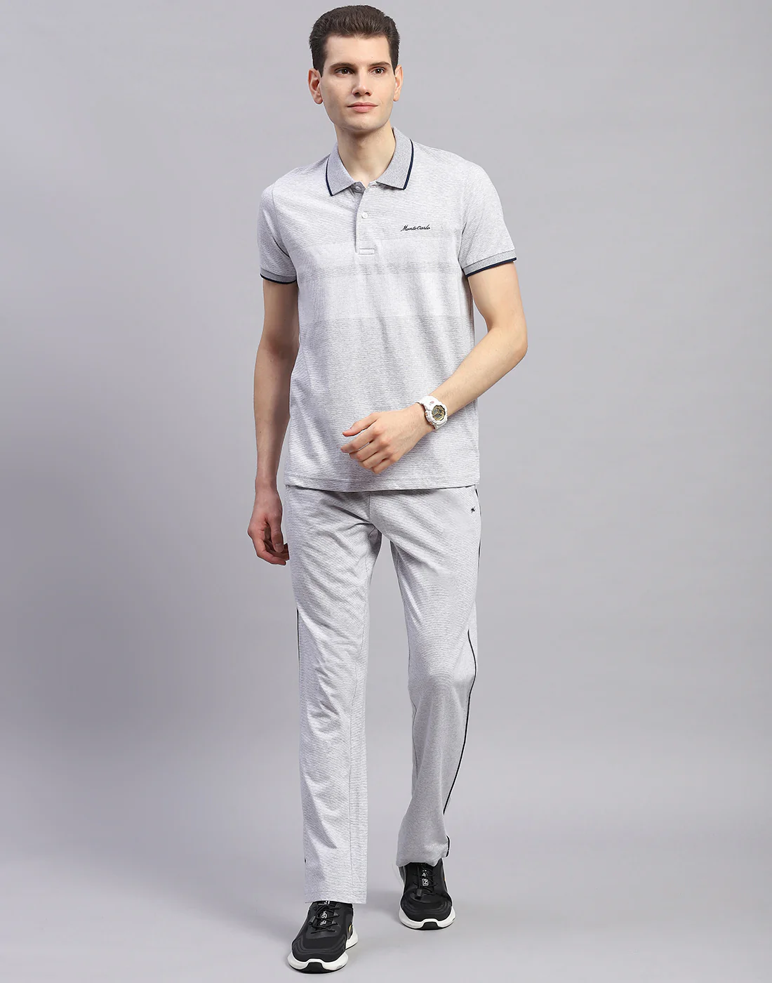 Men Grey Solid Polo Collar Half Sleeve Lower Set - Image 2
