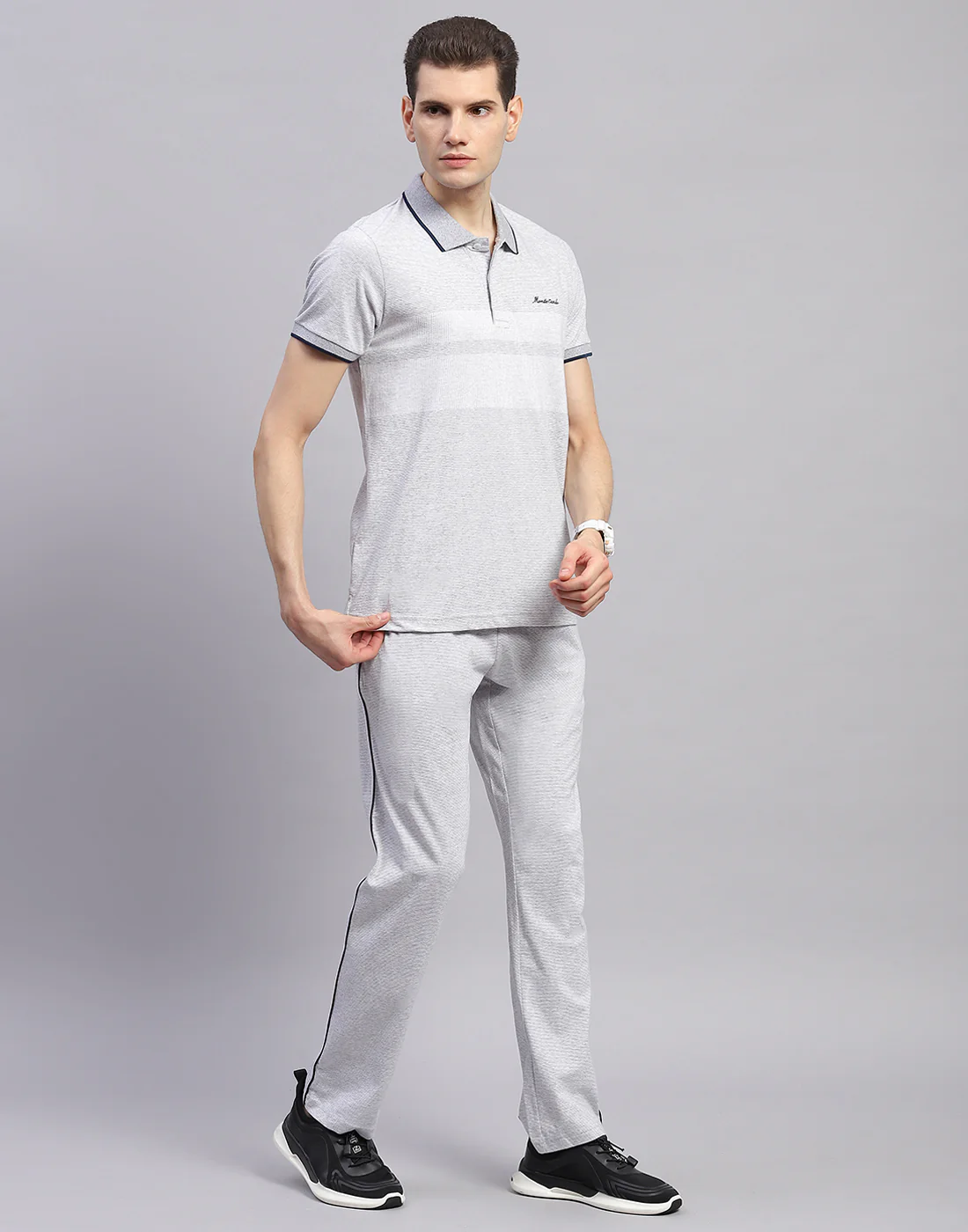 Men Grey Solid Polo Collar Half Sleeve Lower Set - Image 4