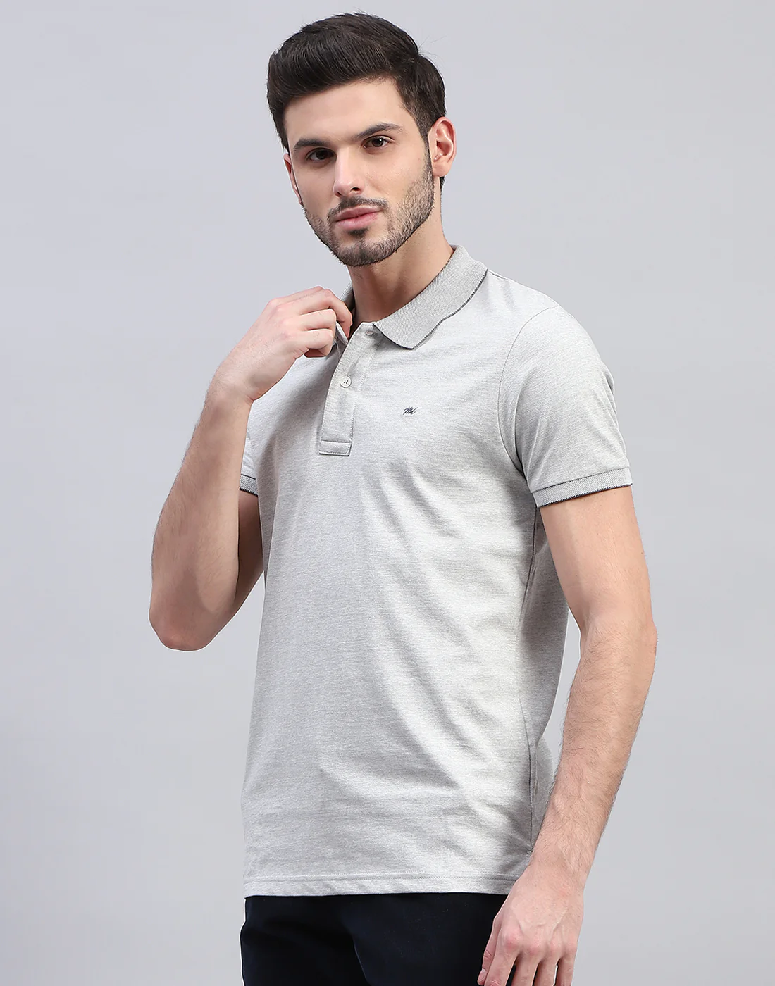 Men Grey Solid Polo Collar Half Sleeve T-Shirt - Image 3
