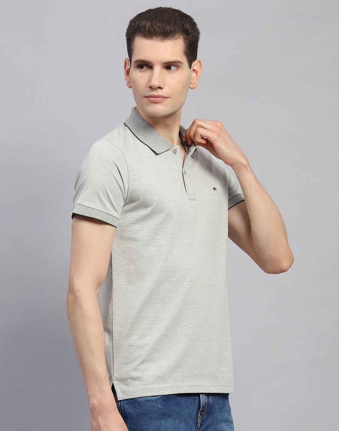 Men Grey Solid Polo Collar Half Sleeve T-Shirt - Image 4