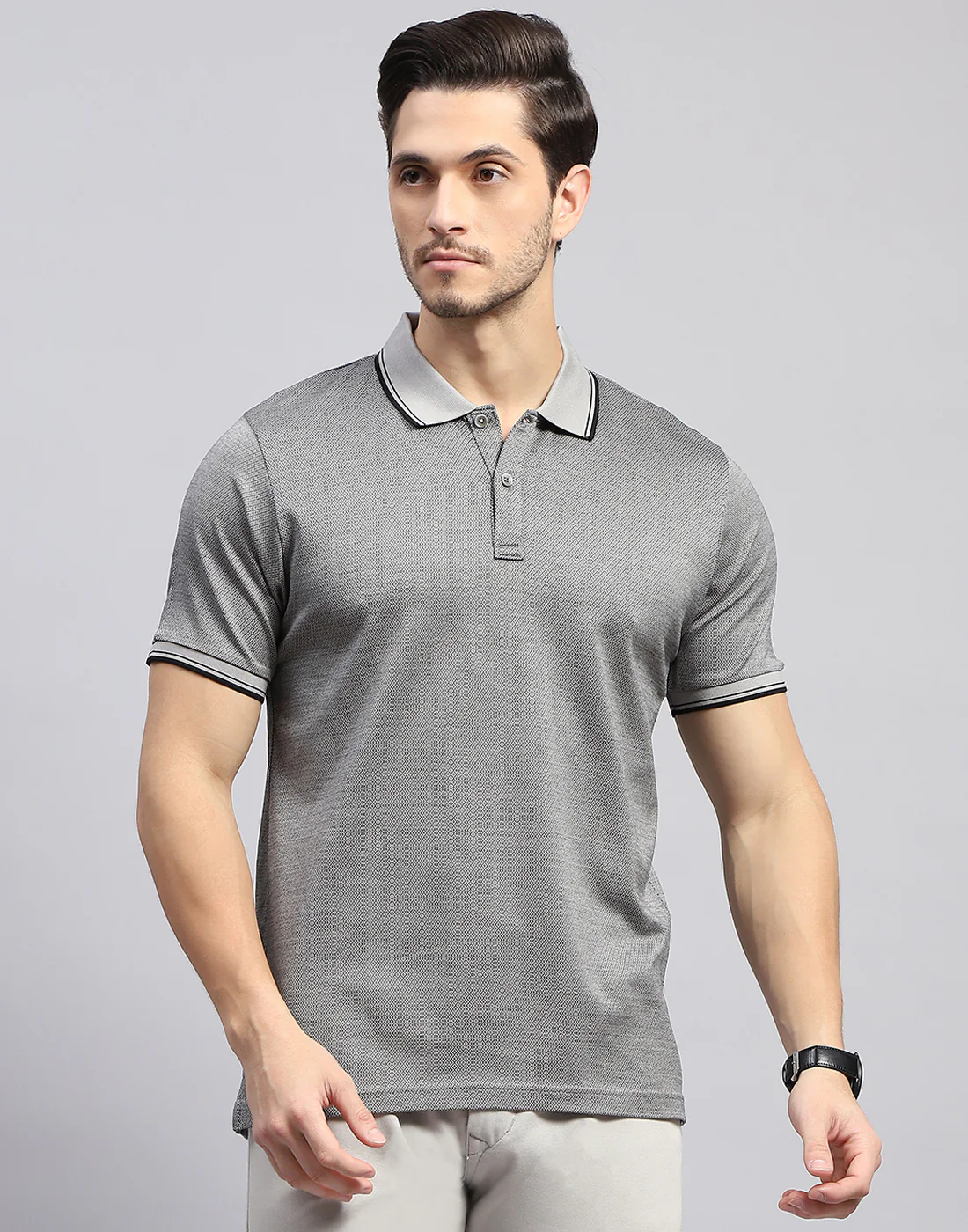Men Grey Solid Polo Collar Half Sleeve T-Shirt - Image 2