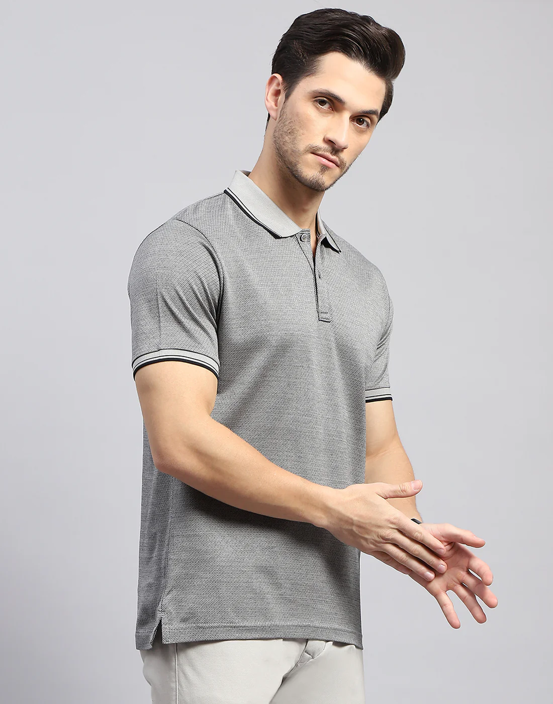 Men Grey Solid Polo Collar Half Sleeve T-Shirt - Image 4