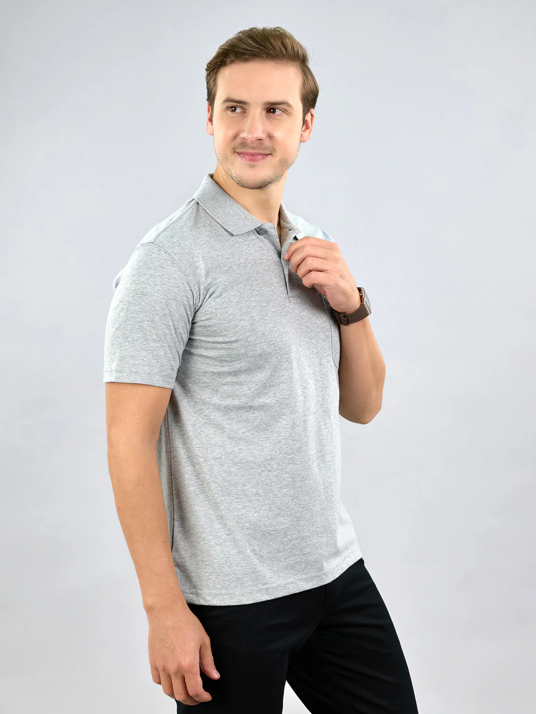 Men Grey Solid Polo Collar Half Sleeve T-Shirt - Image 3