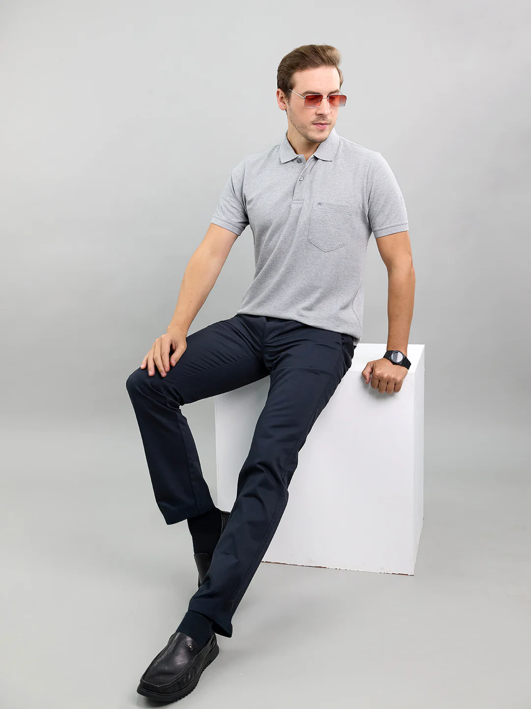 Men Grey Solid Polo Collar Half Sleeve T-Shirt - Image 6