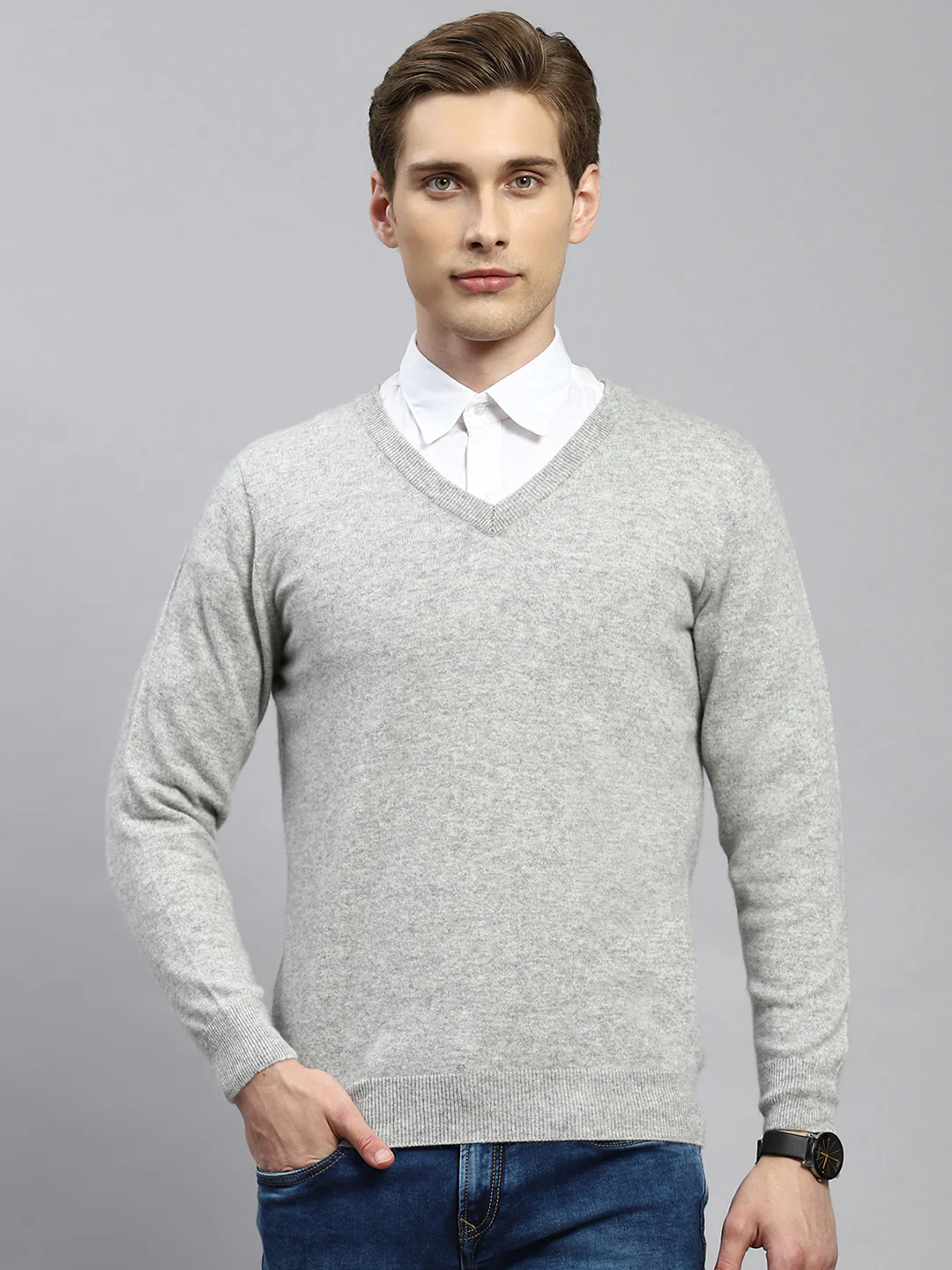 Men Grey Solid Pullover - Image 2
