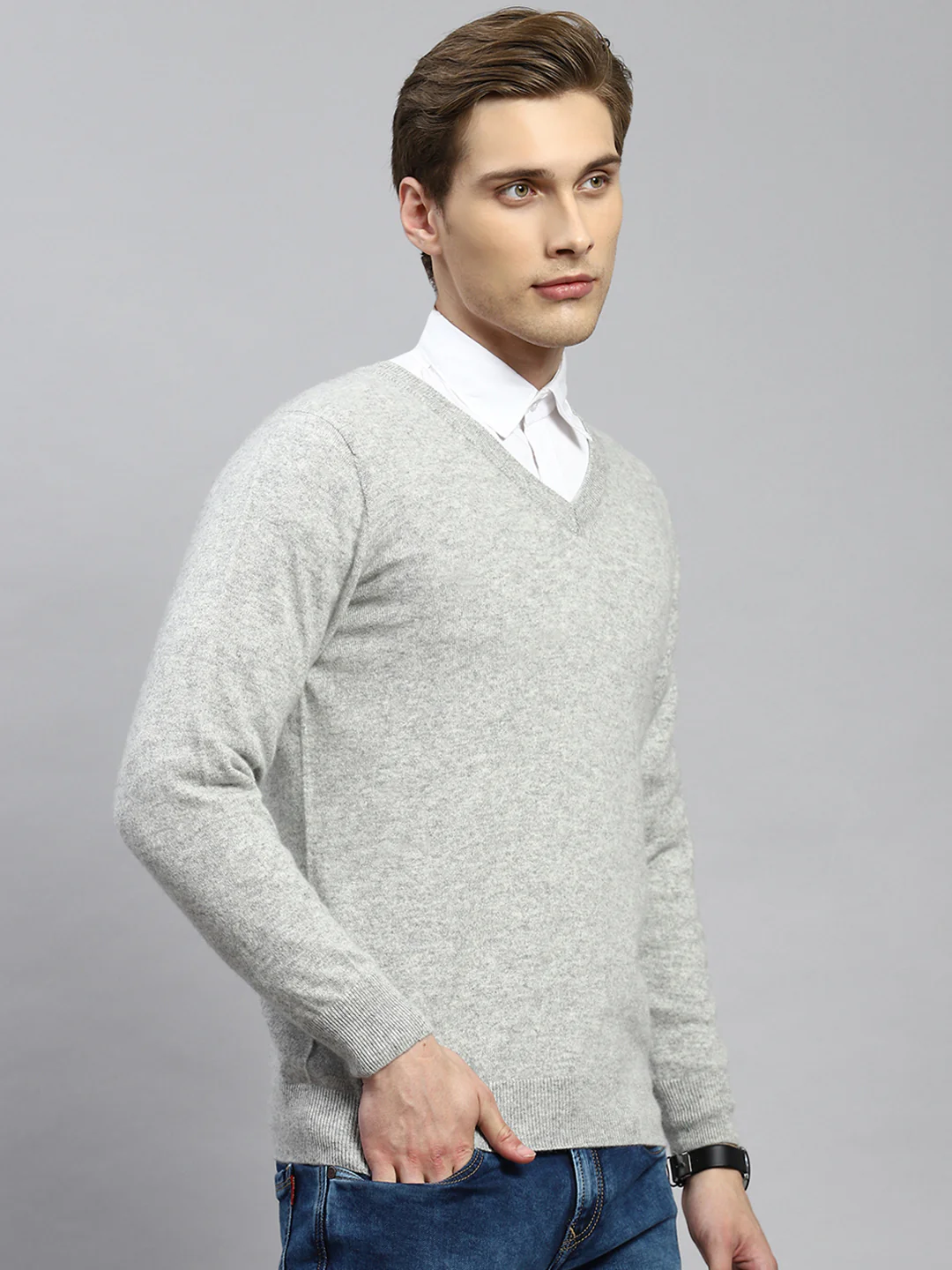 Men Grey Solid Pullover - Image 3