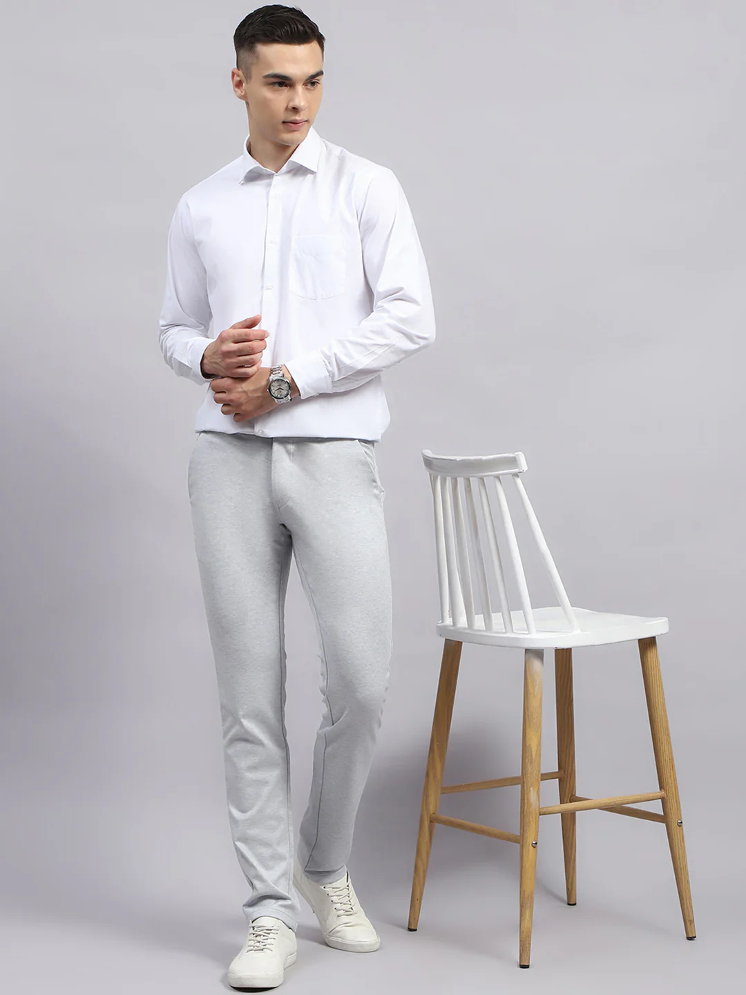 Men Grey Solid Regular Fit Trouser - Image 2
