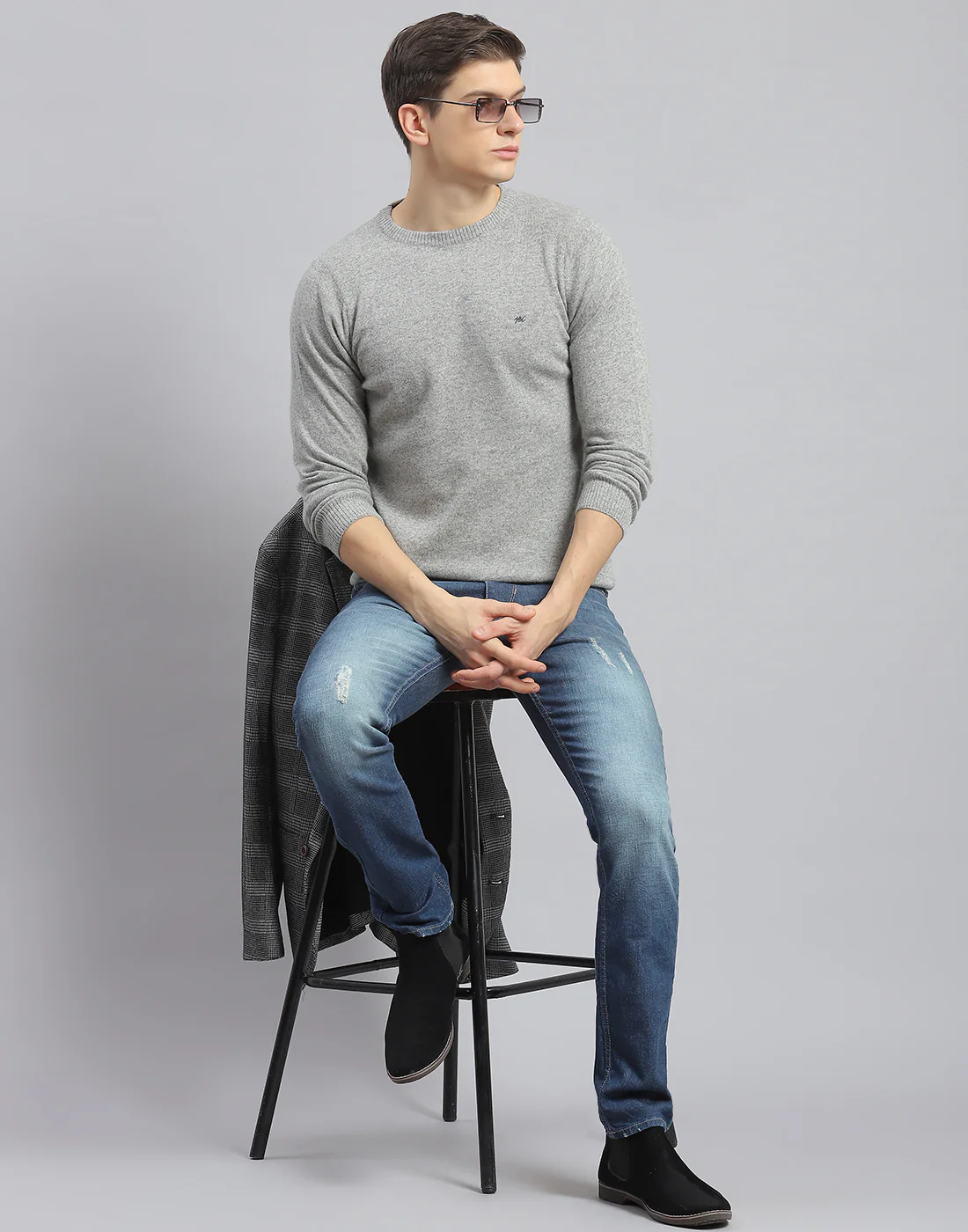 Men Grey Solid Round Neck Full Sleeve Pullover - Image 2
