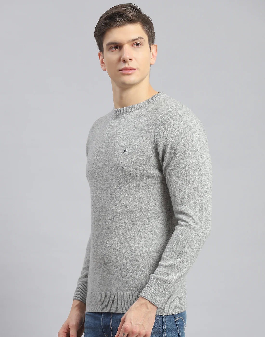 Men Grey Solid Round Neck Full Sleeve Pullover - Image 3