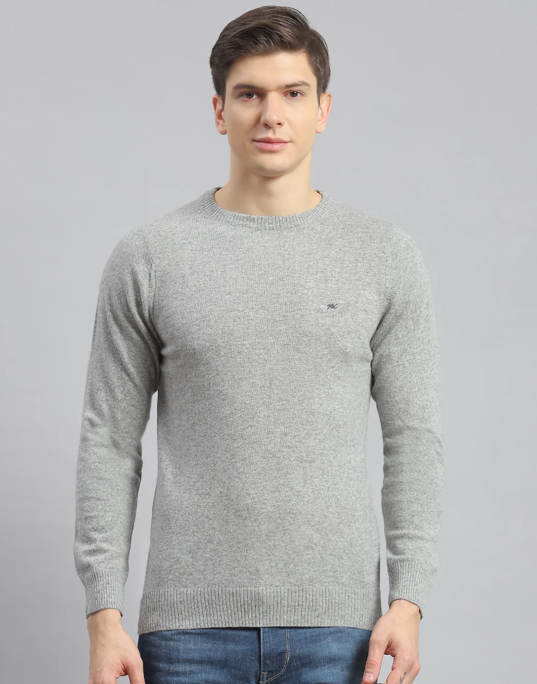 Men Grey Solid Round Neck Full Sleeve Pullover - Image 2