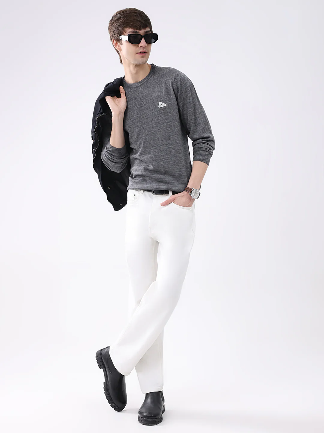 Men Grey Solid Round Neck Full Sleeve Pullover - Image 2
