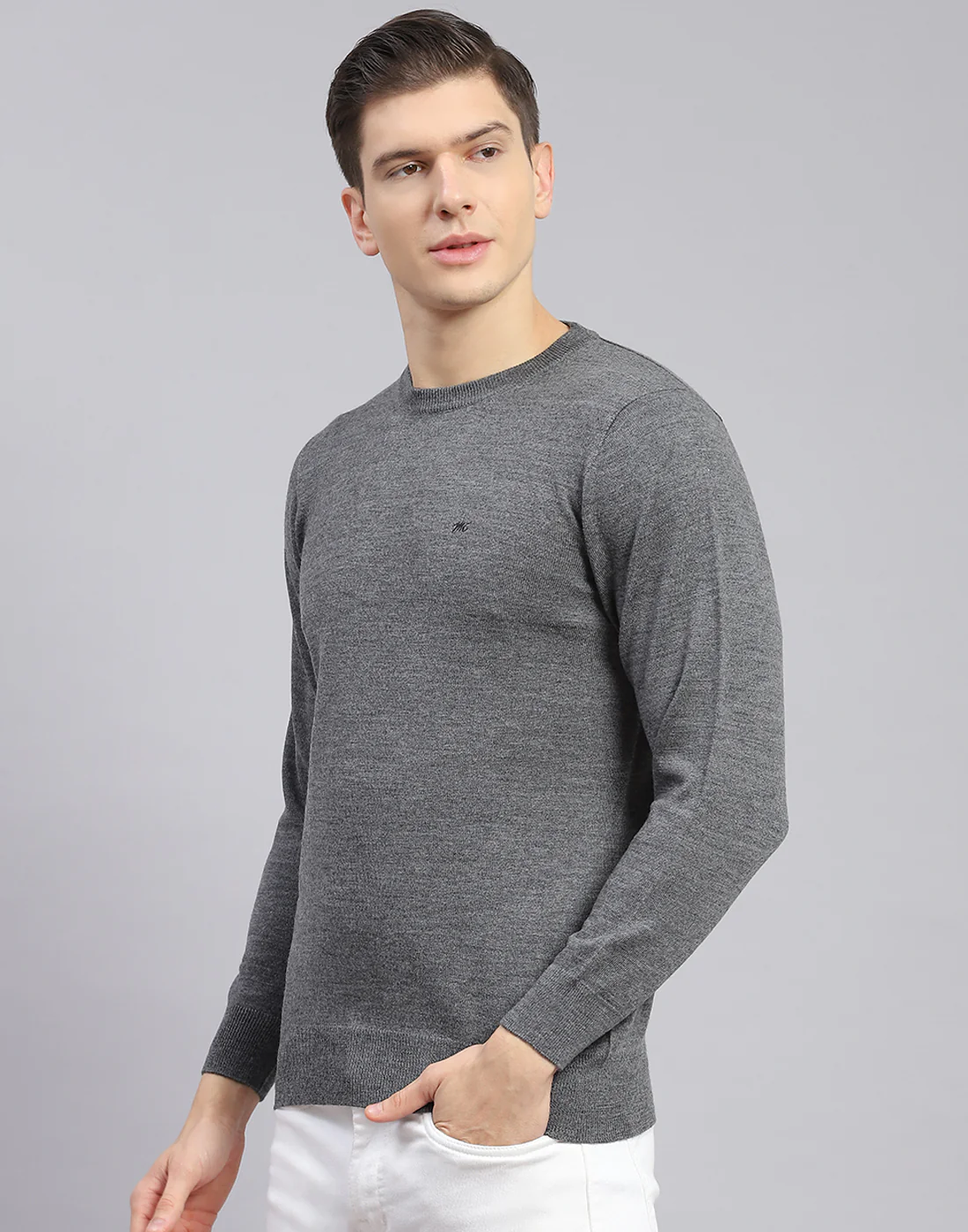 Men Grey Solid Round Neck Full Sleeve Sweater - Image 3