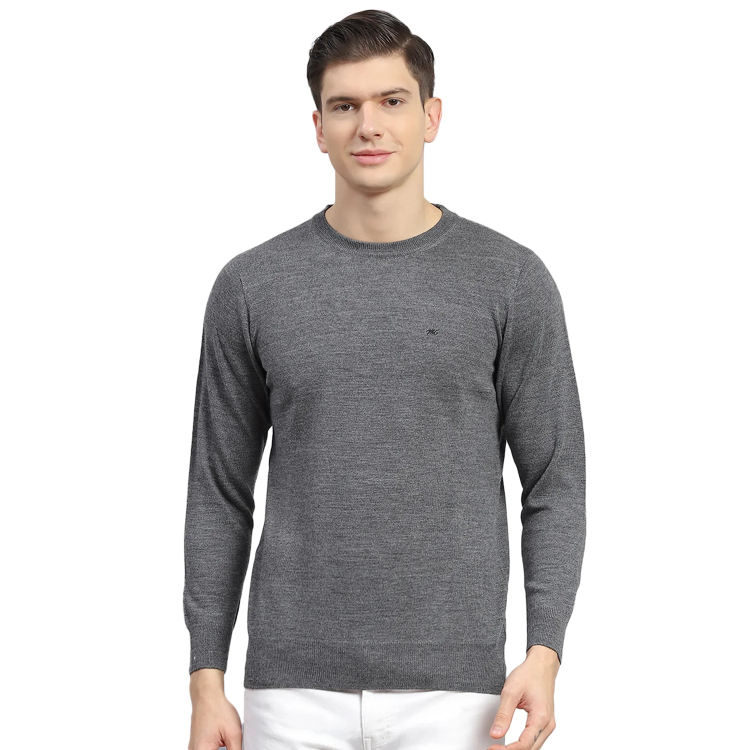 Men Grey Solid Round Neck Full Sleeve Sweater - Image 5