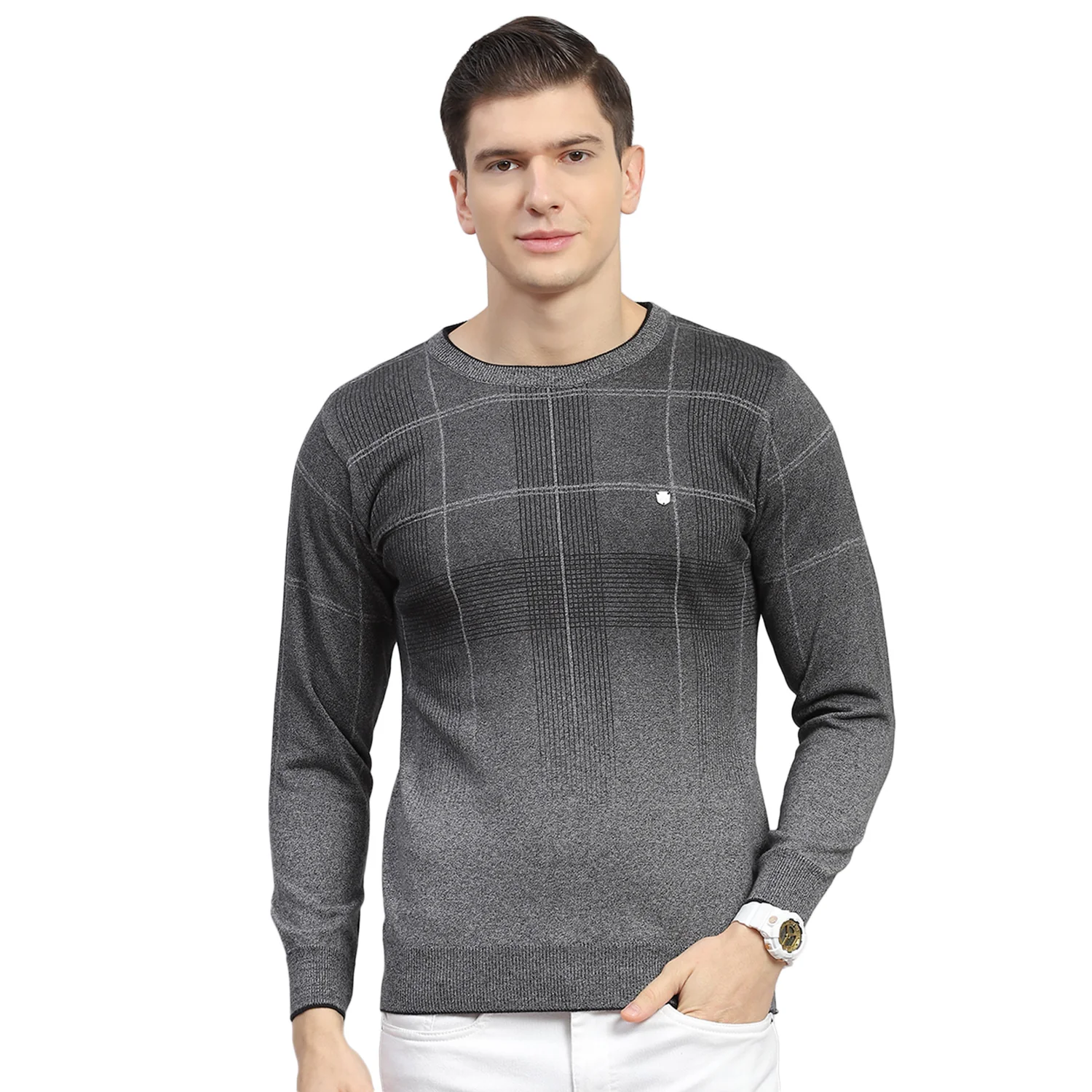 Men Grey Solid Round Neck Full Sleeve Sweater - Image 5
