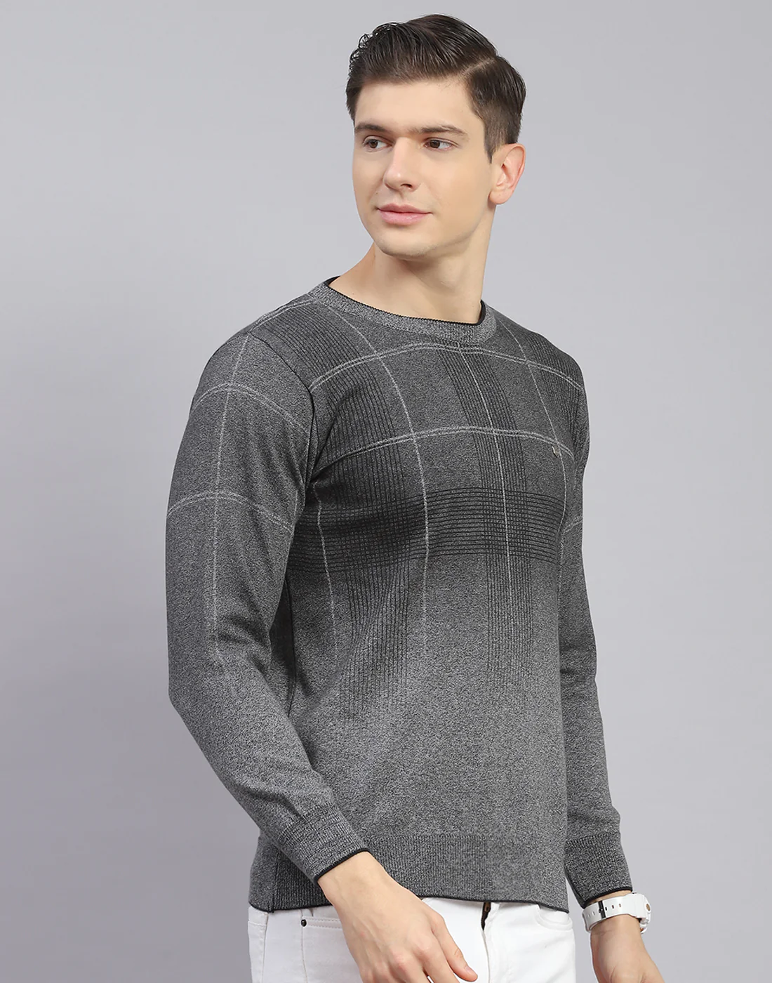 Men Grey Solid Round Neck Full Sleeve Sweater - Image 6