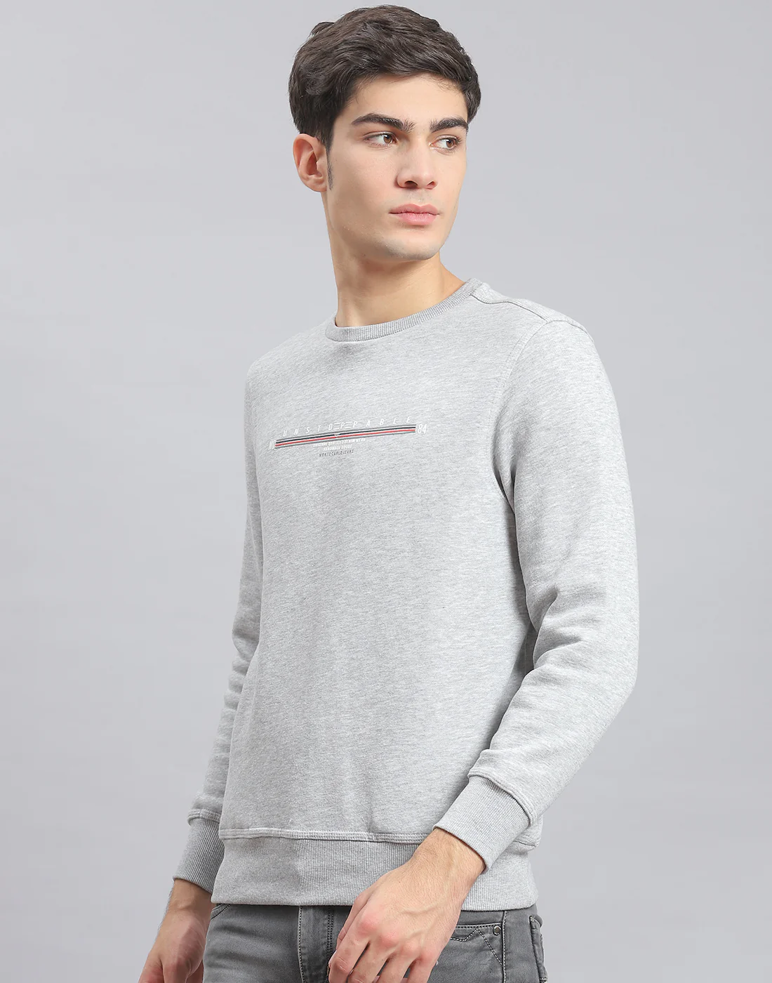 Men Grey Solid Round Neck Full Sleeve Sweatshirt - Image 3