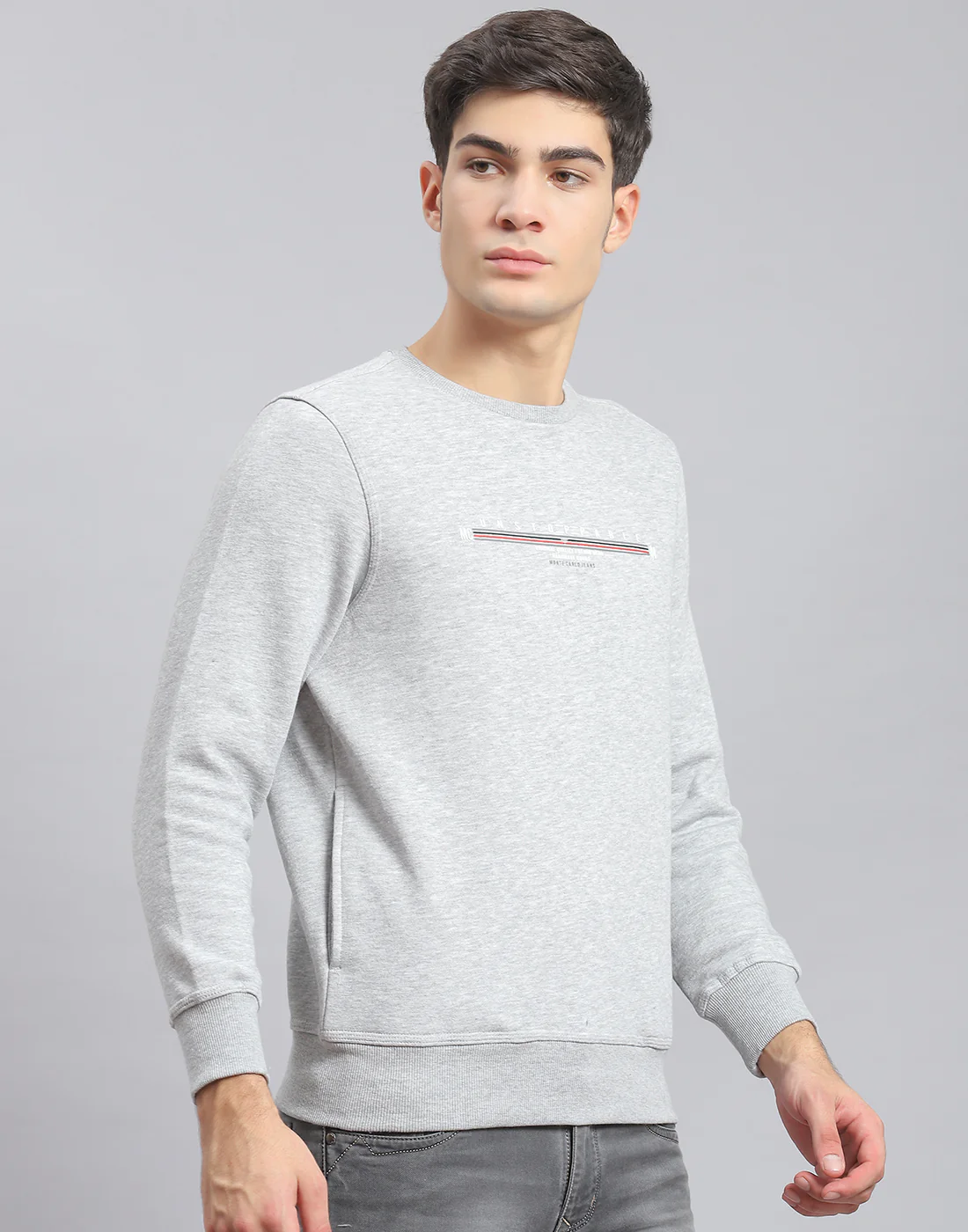 Men Grey Solid Round Neck Full Sleeve Sweatshirt - Image 4