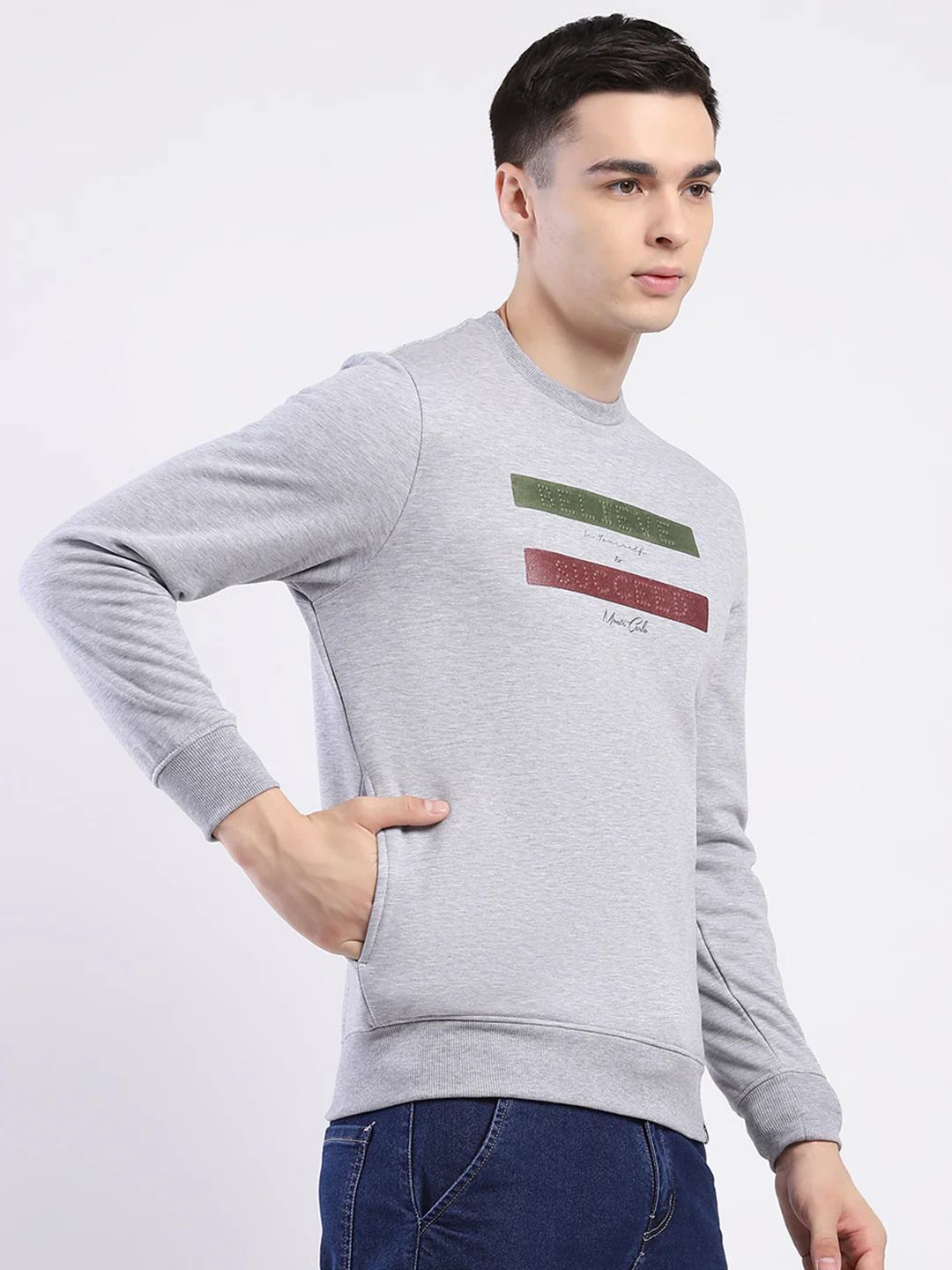 Men Grey Solid Round Neck Full Sleeve Sweatshirt - Image 4