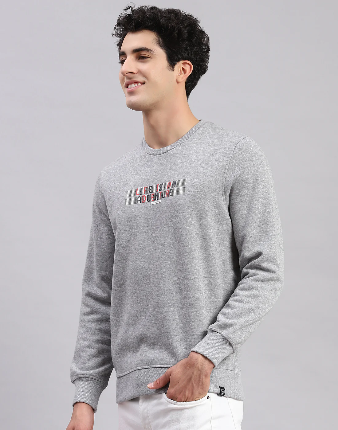 Men Grey Solid Round Neck Full Sleeve Sweatshirts - Image 4