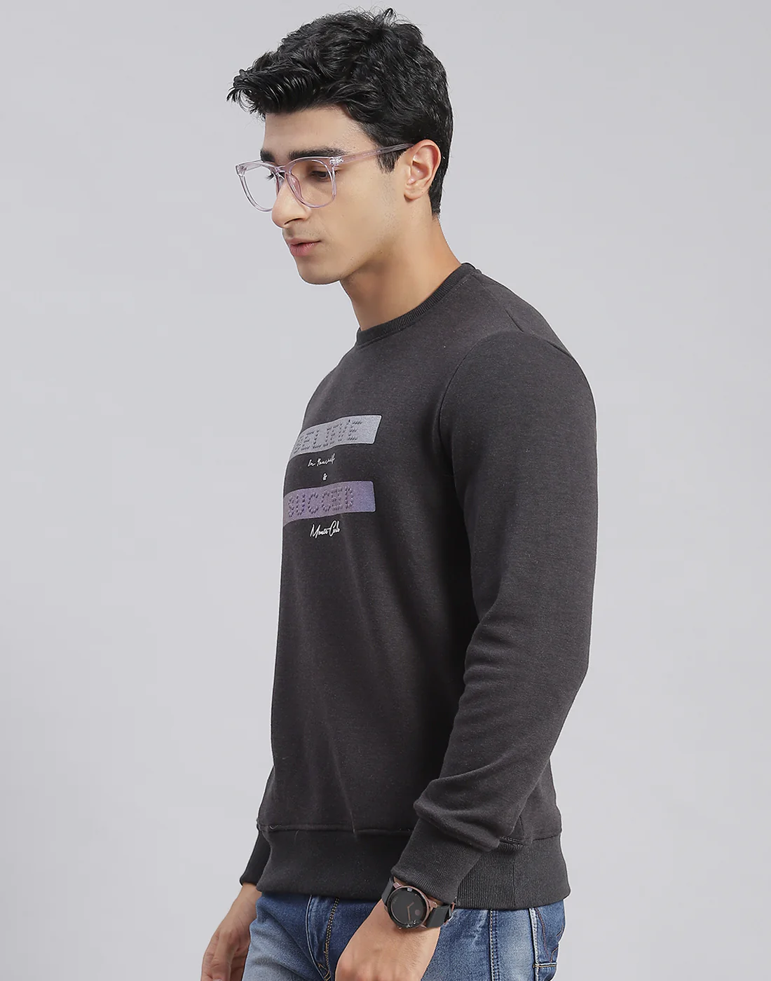 Men Grey Solid Round Neck Full Sleeve Sweatshirts - Image 3